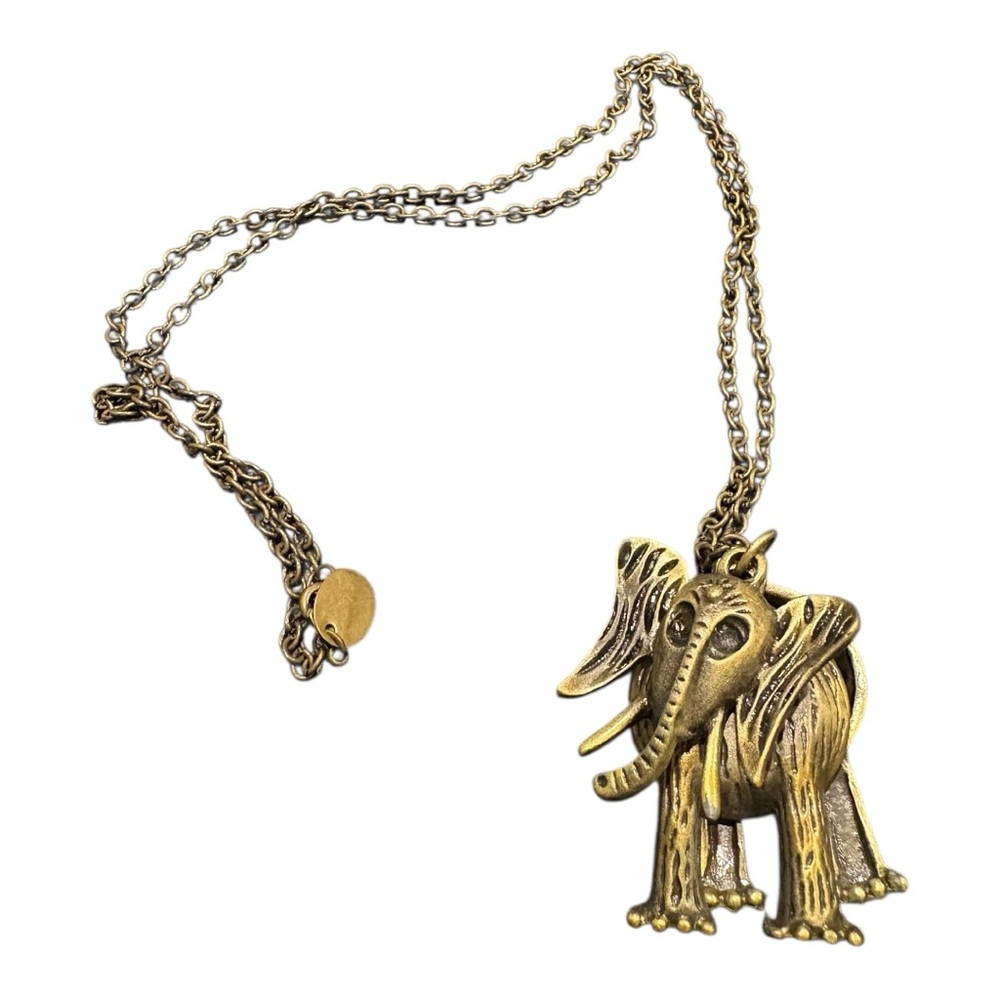 ZAD Articulated Elephant Pendant Necklace Antiqued Brass Long Chain Safari J18